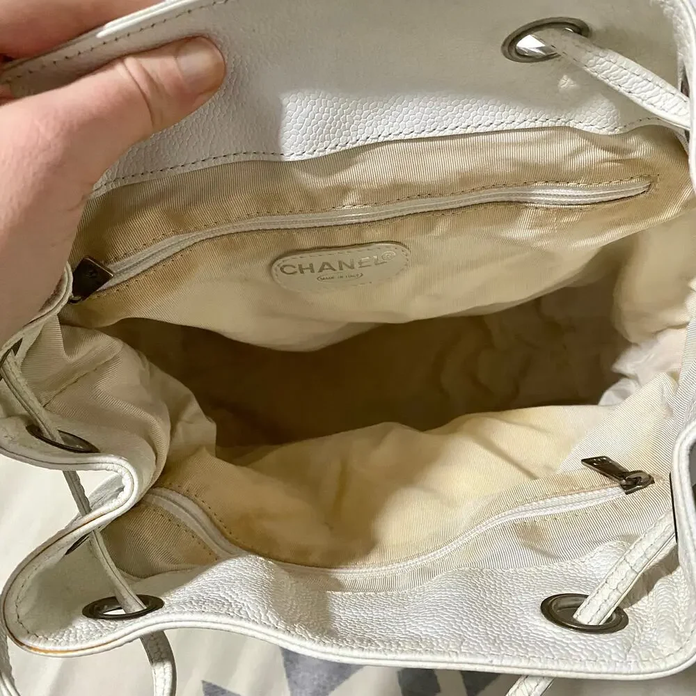 Chanel CC Caviar Leather Vintage Large White Backpack Travel Bag Carryall 90's
